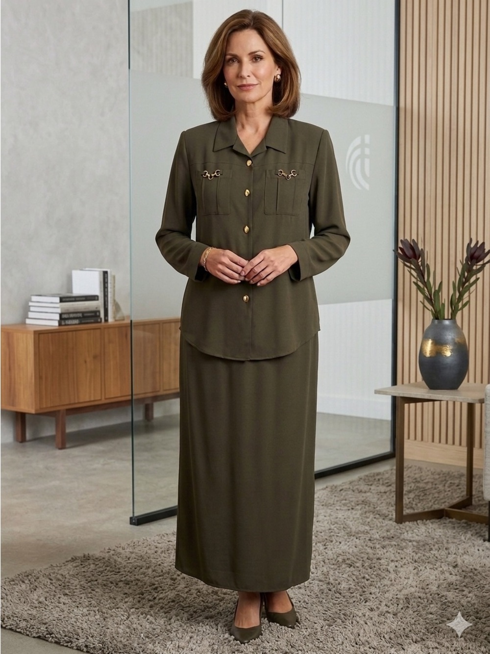 Momentum Elegant Olive Green Women's Love Sleeve Blouse & Skirt Set XL Vintage